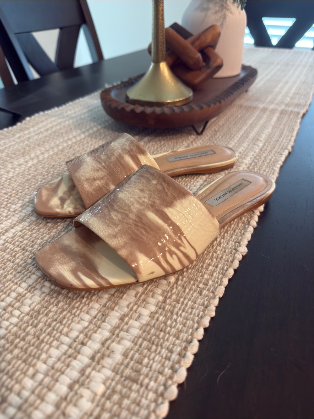 Saks Fifth Avenue Cream and Brown Marbled Slide Sandals